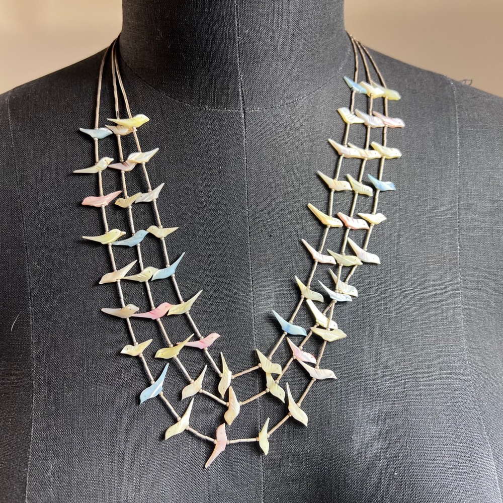 Vintage Liquid Silver 3 Strand Fetish Necklace Mother of Pearl Bird Southwestern